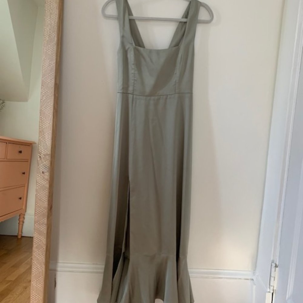 Show Me Your Mumu, Claire Midi Dress, Moss Green Luxe Satin, Size Small